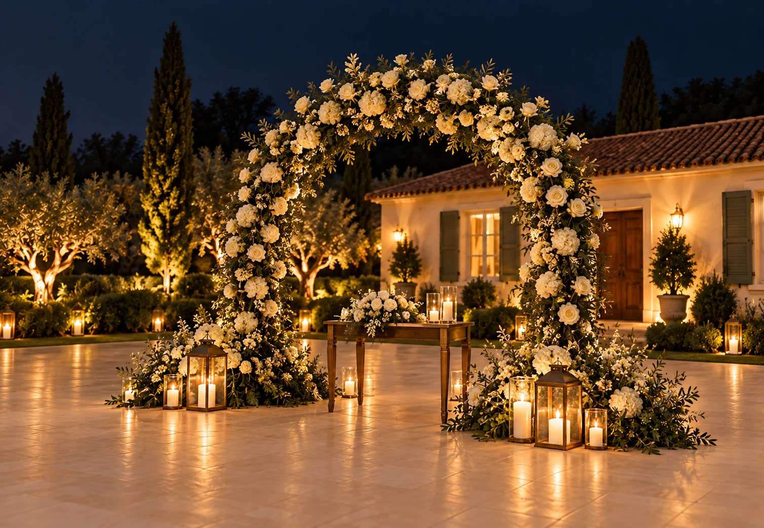 Cerimônia noturna com arco floral iluminado