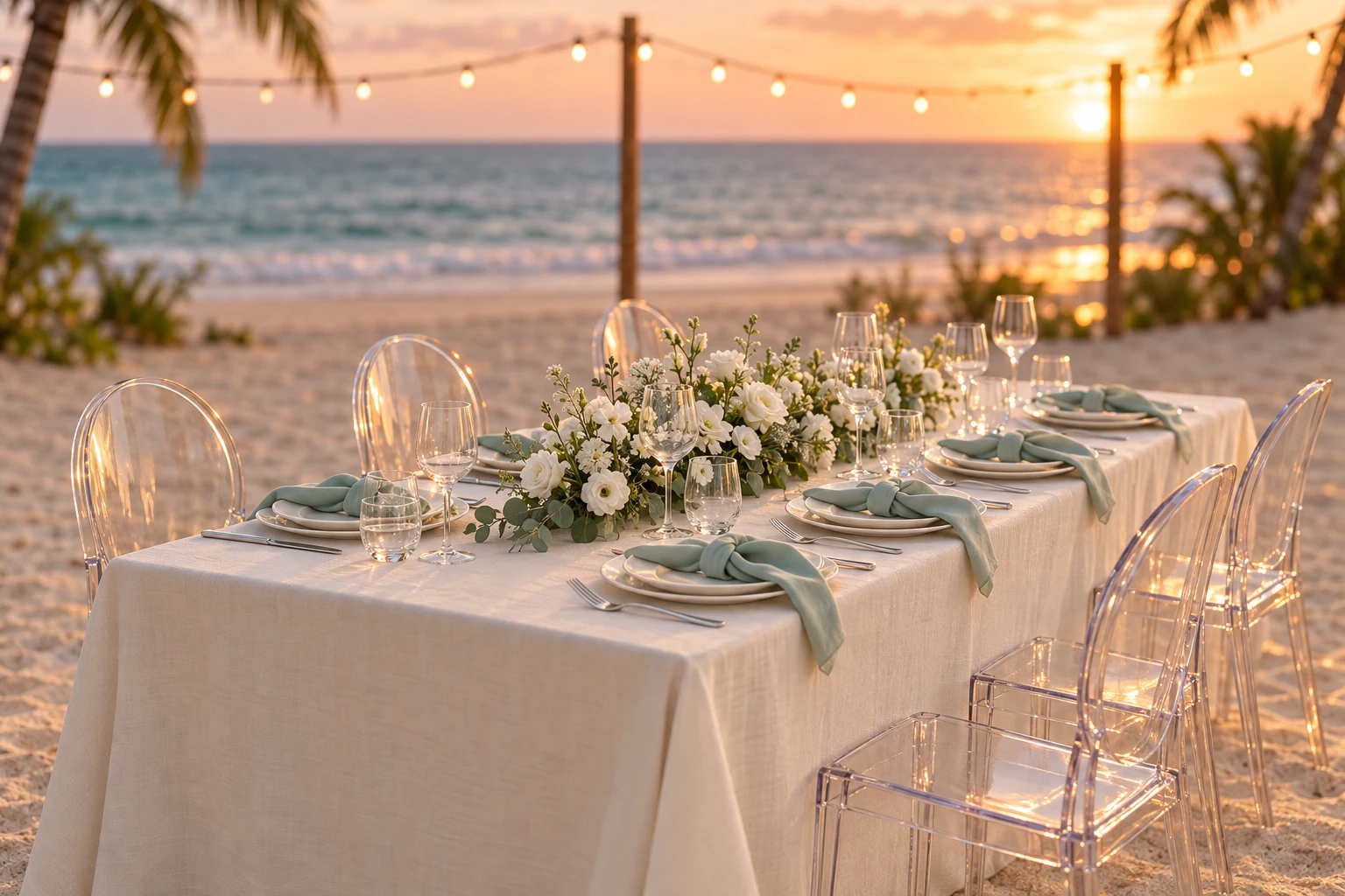 Mesa de casamento à beira-mar com flores claras