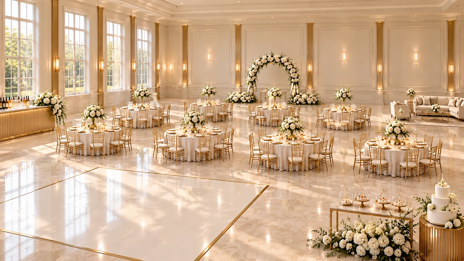 Recepção clássica com mesas organizadas e composição floral clara