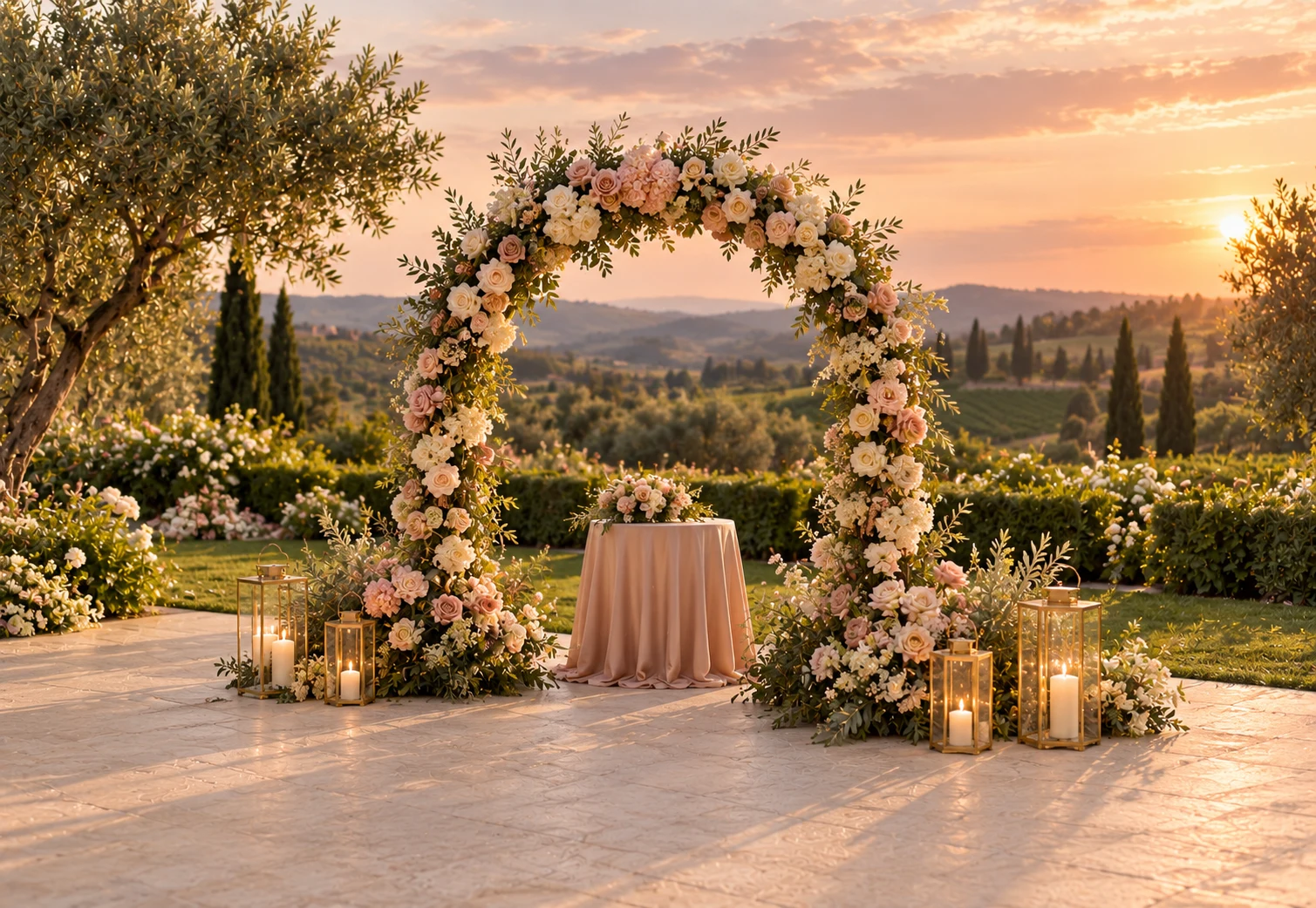 Arco floral em tons claros em uma cerimônia ao ar livre